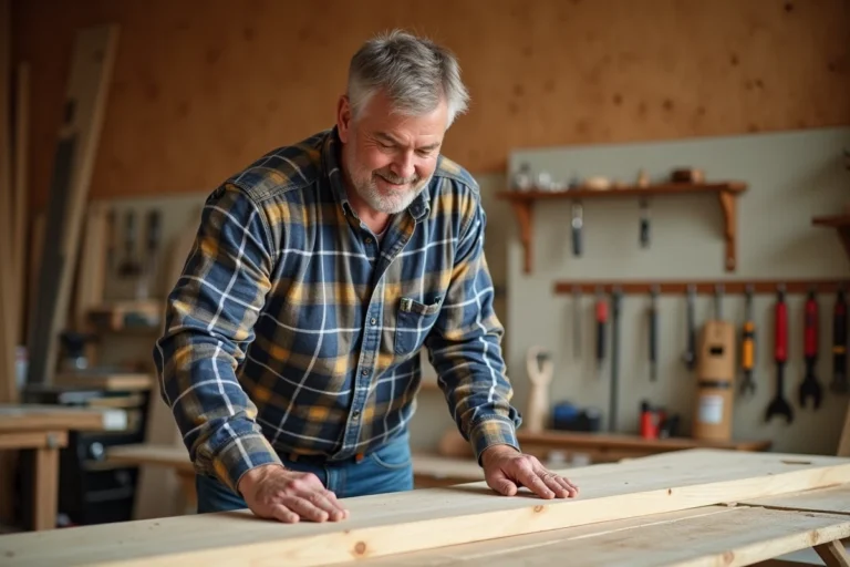 Homme mesurant un plancher en bois dans un atelier lumineux