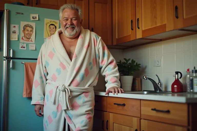 Homme d'âge moyen souriant dans sa robe de chambre colorée