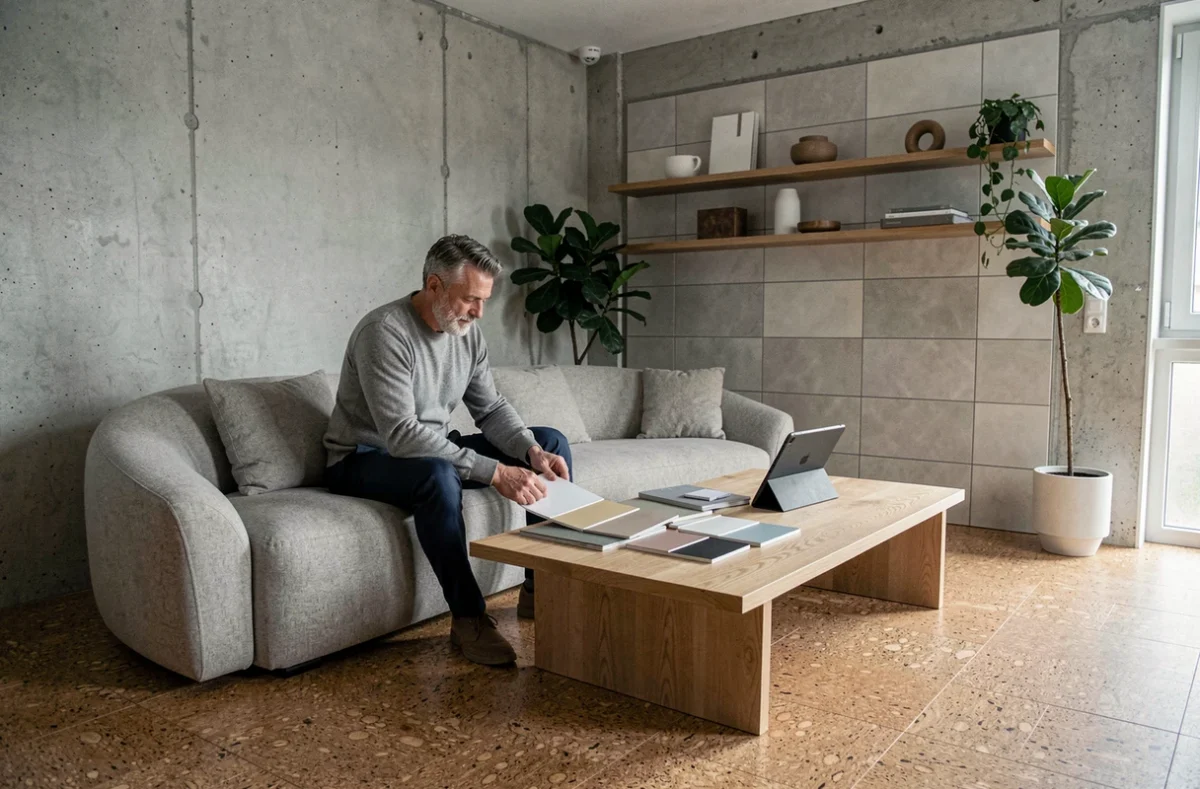 Homme consultant des échantillons de matériaux dans un salon scandinave tendance rénovation habitat durable