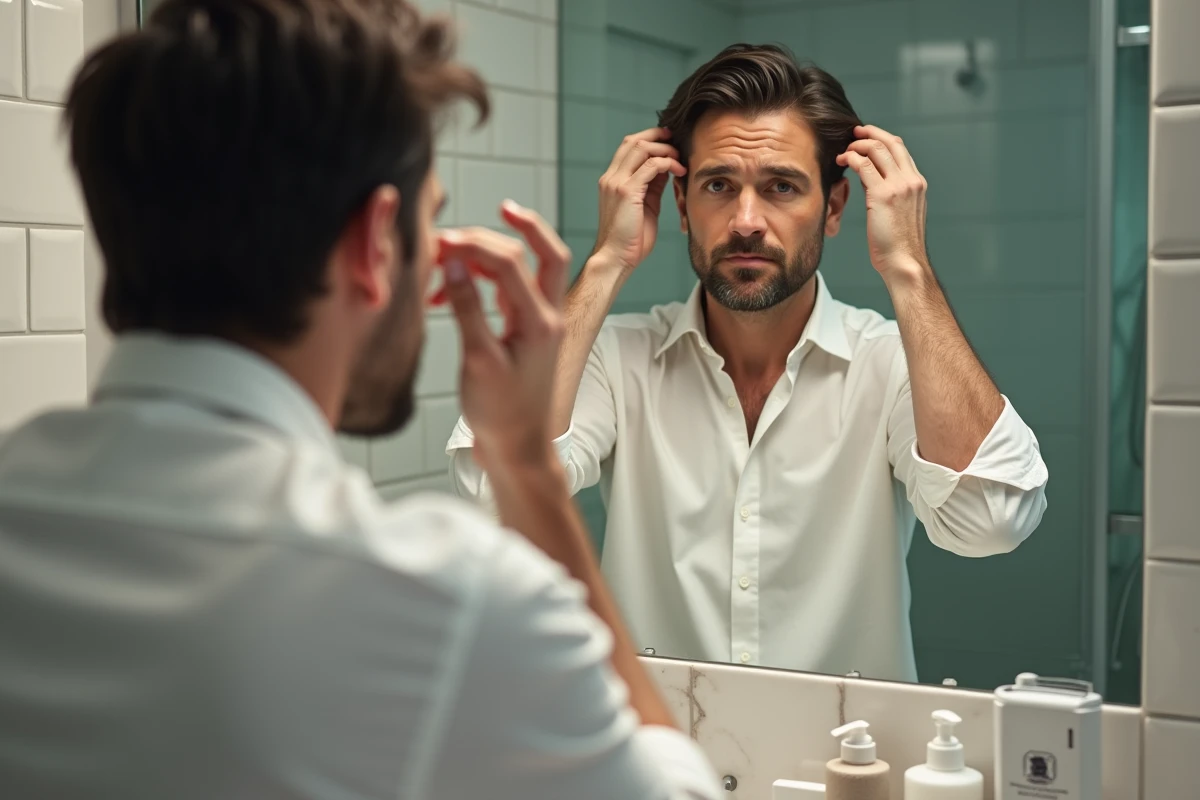 Homme regardant ses cheveux dans un miroir de salle de bain moderne