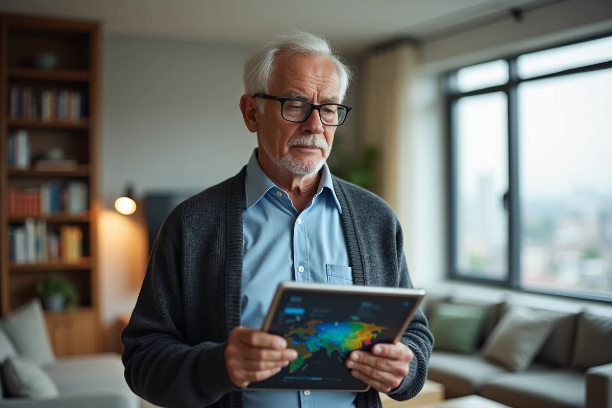 Homme âgé étudiant une carte numérique sur une tablette