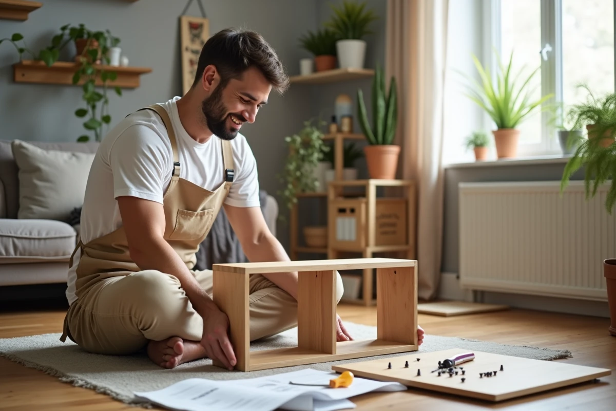 Jeune homme assemble une petite étagère dans le salon