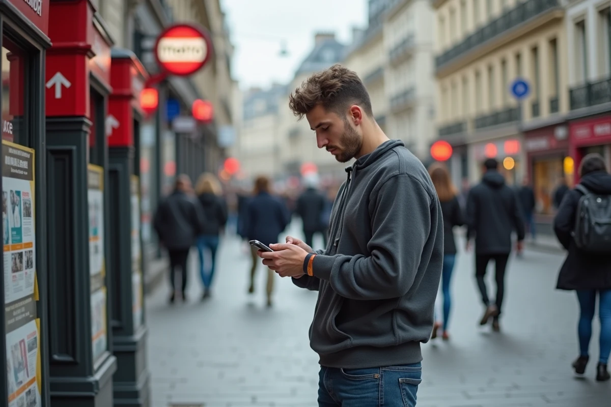 Jeune homme français lisant les actualites dans la rue