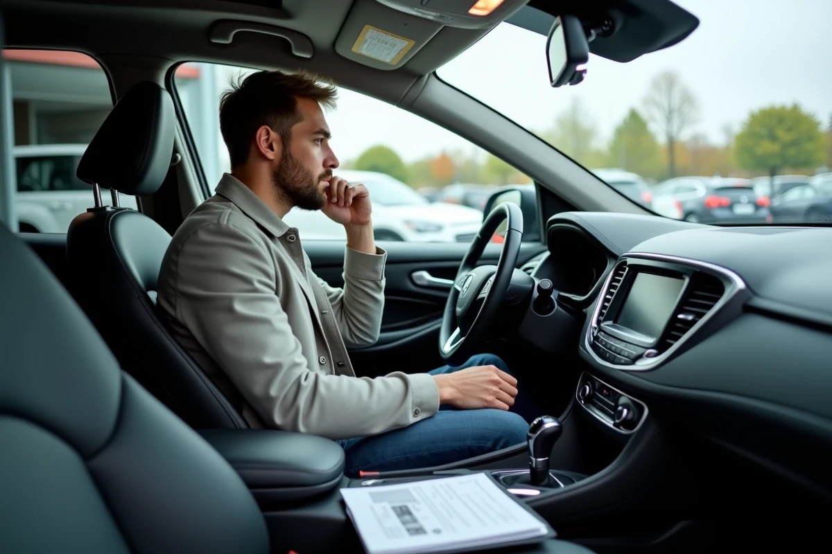 Jeune homme dans un SUV inspectant le tableau de bord