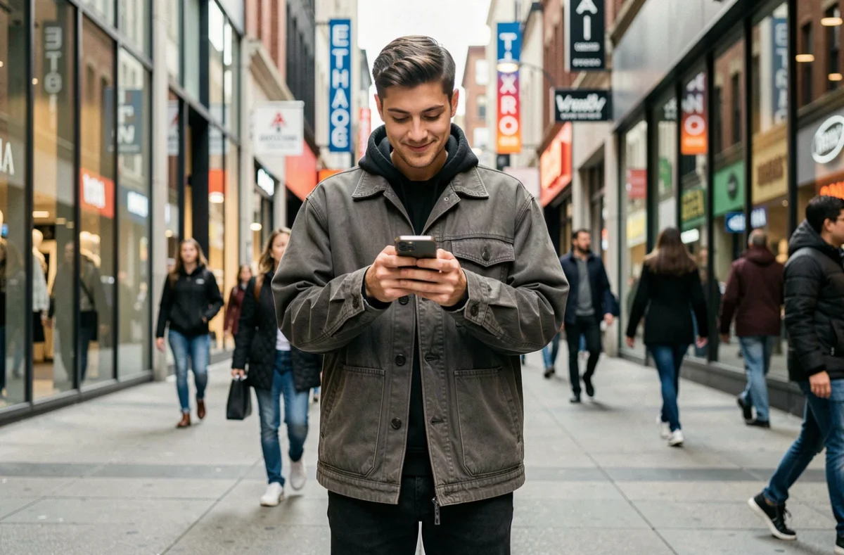 Jeune homme connecté aux tendances actuelles en consultant son smartphone dans une rue animée