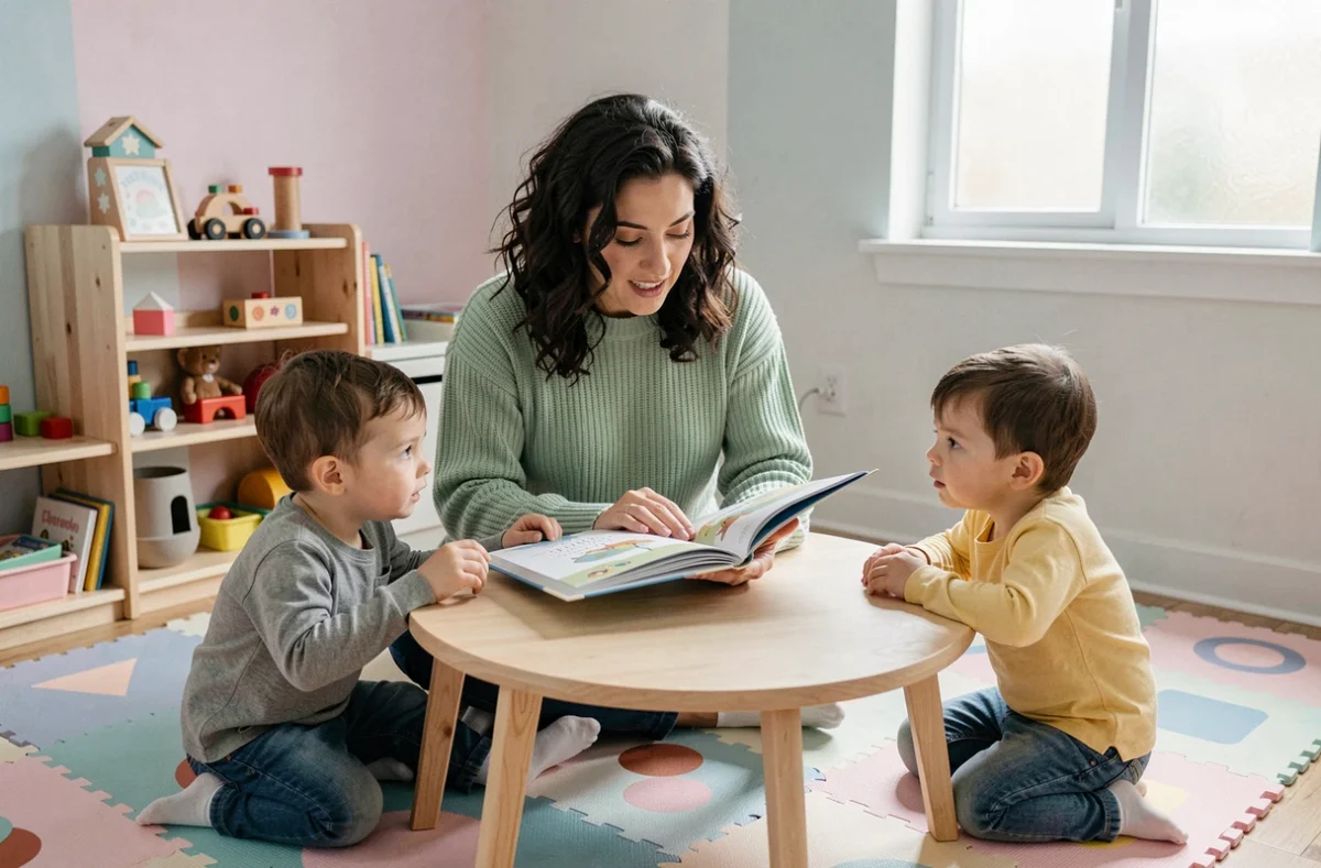 Femme lisant un livre illustré à deux jeunes enfants attentifs dans une salle de jeux colorée et accueillante