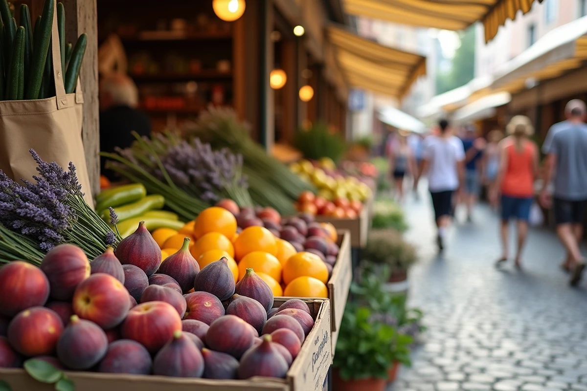 Étal de marché provençal débordant de figues, pêches dorées et fleurs de lavande avec des pancartes en carton recyclé sur des pavés