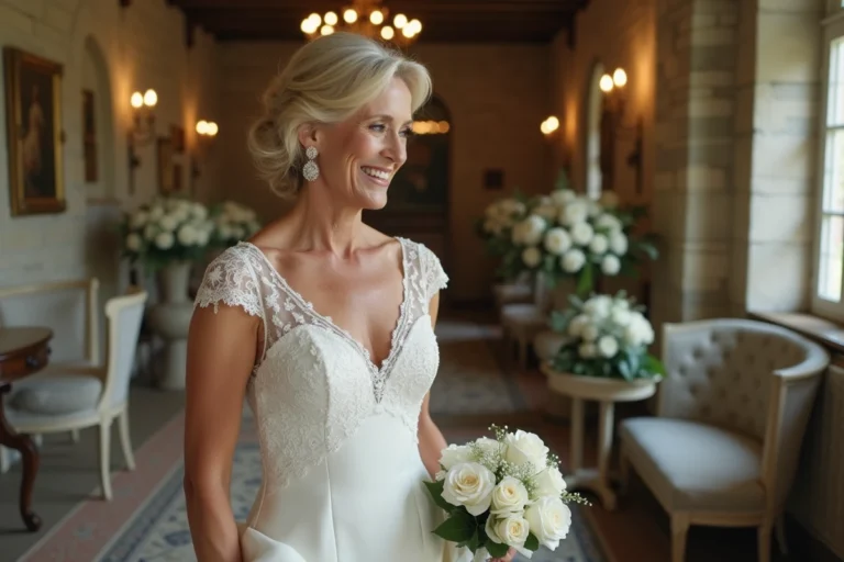 Mariée élégante en robe de mariée en soie ivoire dans un château français lors d'une cérémonie de mariage romantique
