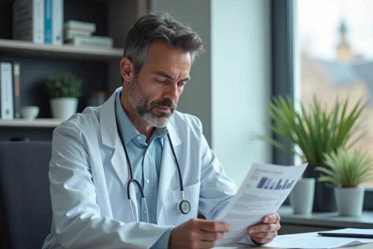 Medecin lisant un rapport salarial dans son bureau moderne