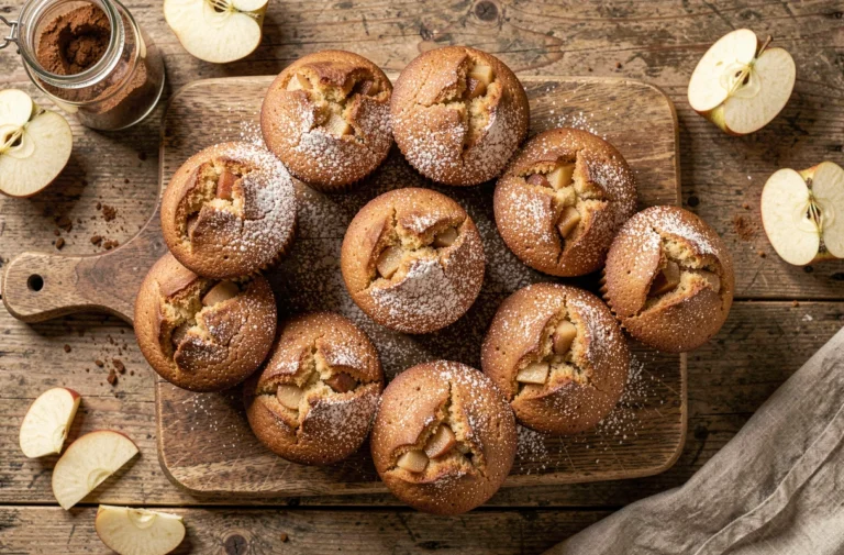 Muffins aux pommes dorés et moelleux disposés sur une planche en bois rustique, saupoudrés de sucre glace, recette Cyril Lignac