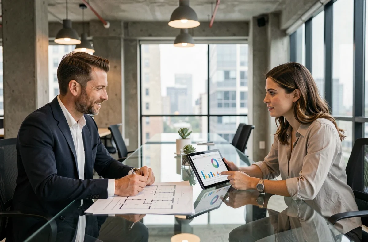 Deux conseillers d'une néo-agence immobilière analysent des données de marché dans un espace de coworking moderne