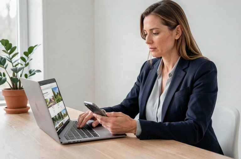 Femme utilisant une néo-agence immobilière en ligne depuis son bureau à domicile