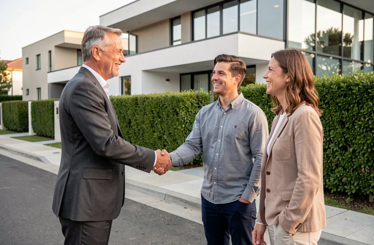 Agent d'une néo-agence immobilière conclut une vente avec un couple d'acheteurs devant une maison moderne
