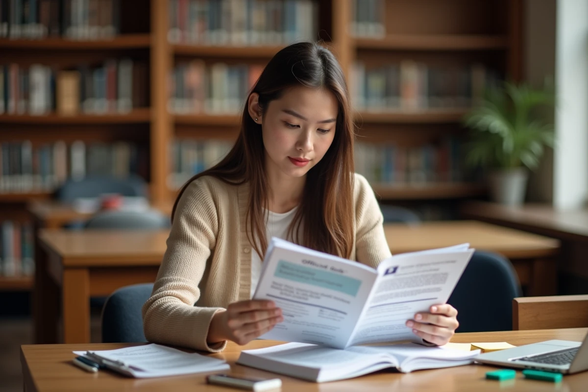 Jeune femme étudiant un guide officiel sur les niveaux de titres professionnels dans une bibliothèque