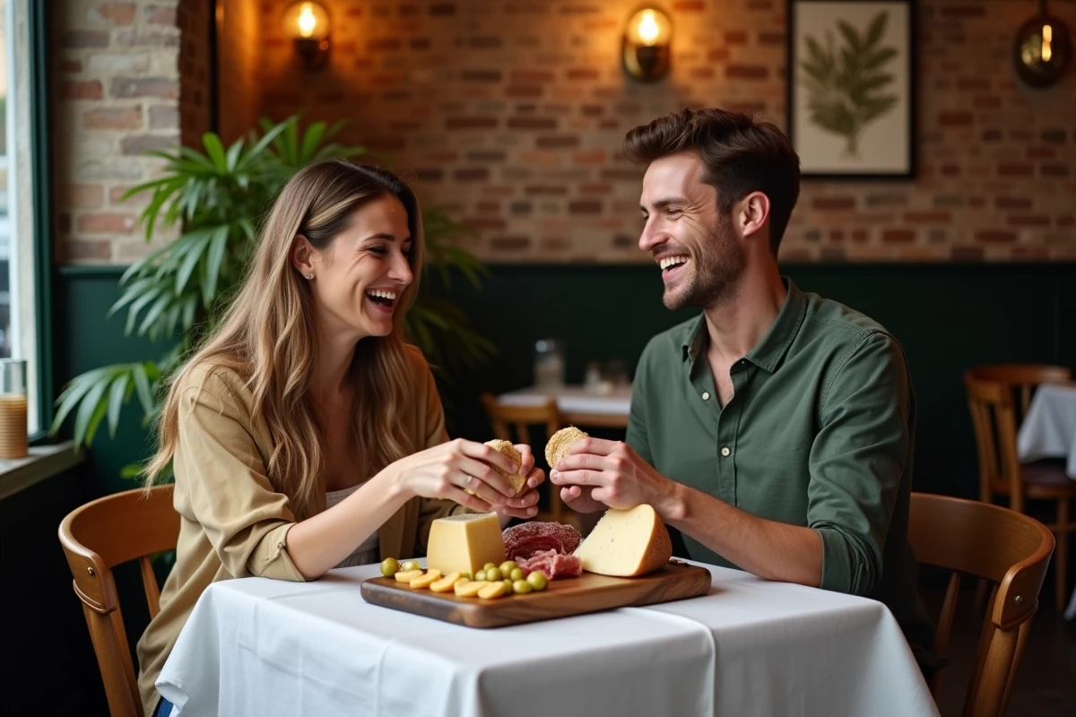 Deux amis partageant un plateau de charcuterie et fromages comté avec pain au levain dans un café parisien au décor en briques apparentes