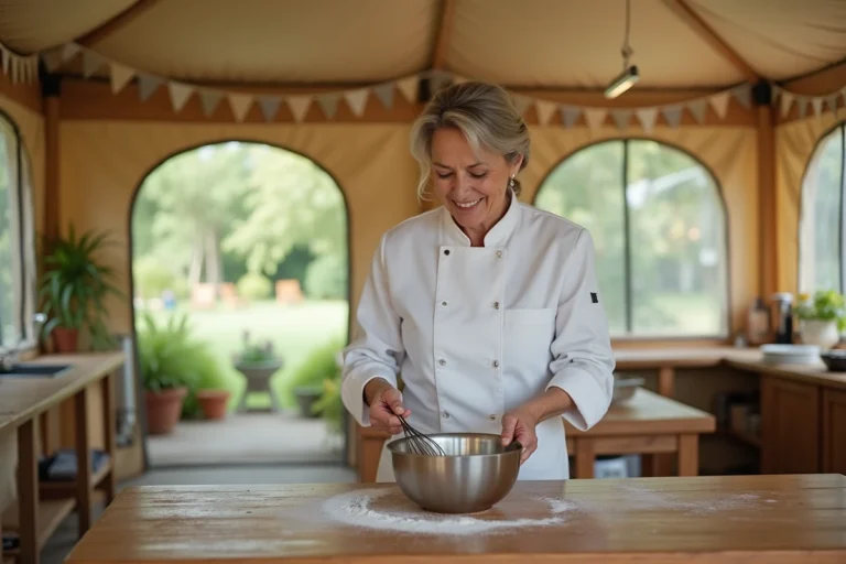 Chef pâtissière souriante avec fouet dans la cuisine rustique