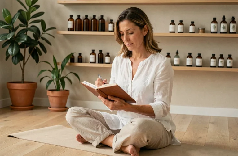 Praticienne de santé naturelle révisant ses notes dans un studio de bien-être minimaliste