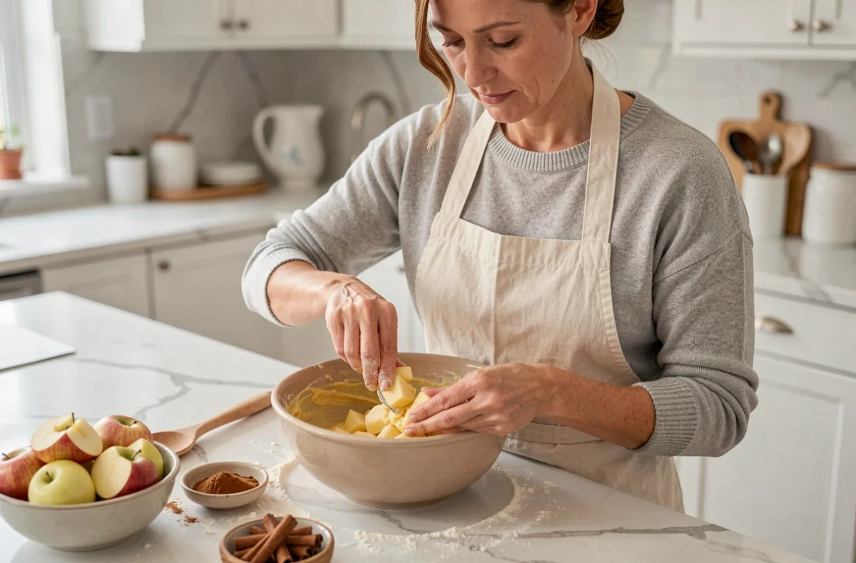 Femme préparant la pâte à muffins aux pommes dans un bol en céramique sur un plan de travail en marbre blanc, inspiration recette Cyril Lignac