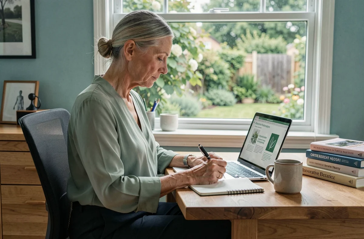 Professionnelle du bien-être consultant des ressources en ligne dans un bureau à domicile lumineux