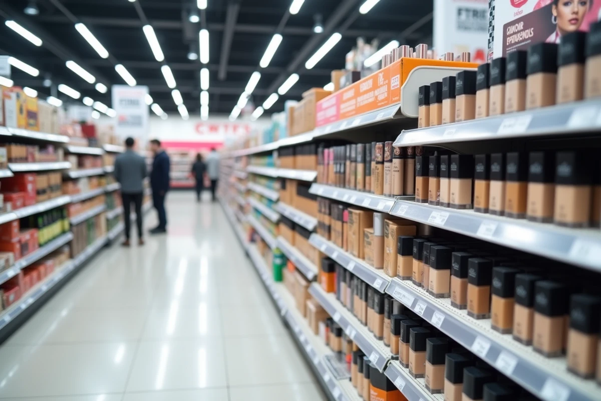 Rayon cosmétiques d'un supermarché français présentant des embellisseurs de teint en vente