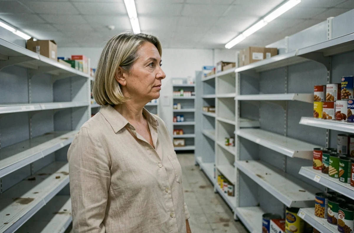 Femme devant des rayons de supermarché presque vides, illustrant le risque de pénurie alimentaire en France