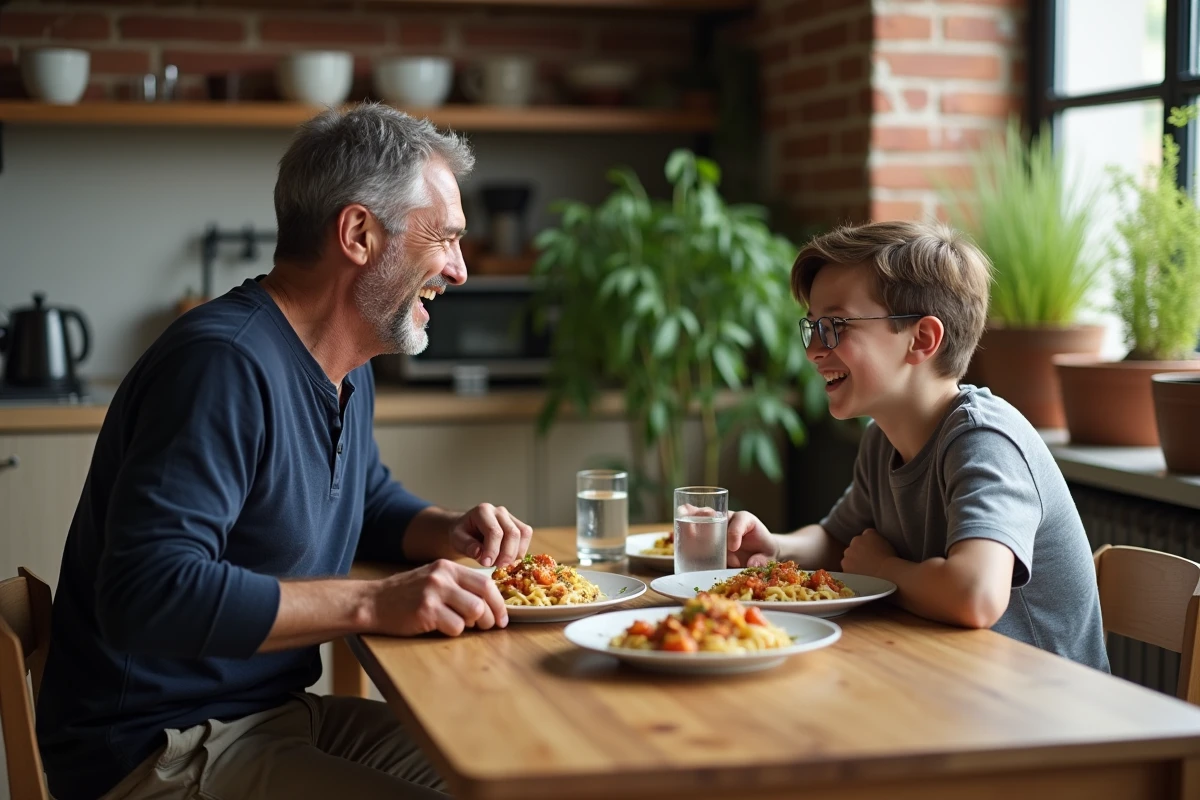 Père et fils partageant un repas sans télévision, échangeant et riant ensemble