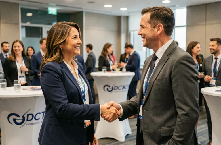 Deux professionnels échangeant une poignée de main lors d'un événement de réseautage professionnel en salle de conférence moderne