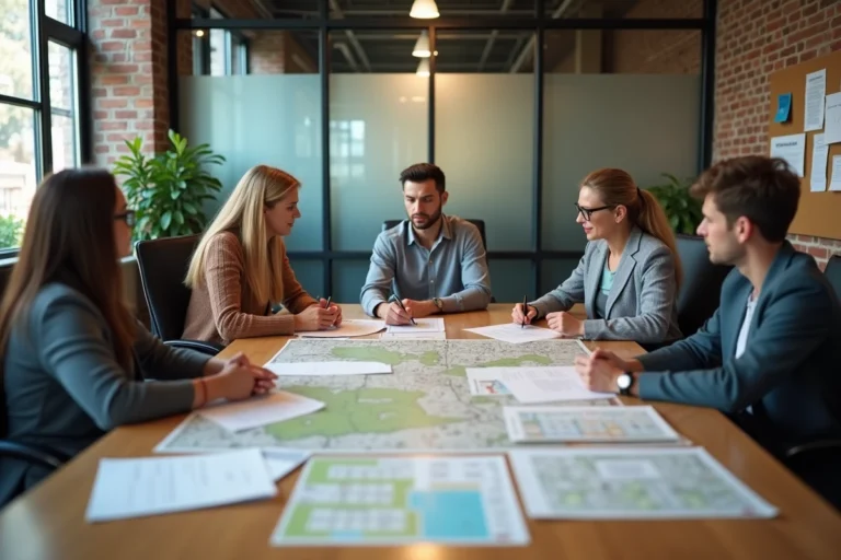 Réunion de concertation entre élus locaux et représentants régionaux autour d'une table de travail illustrant la décentralisation des pouvoirs décisionnels