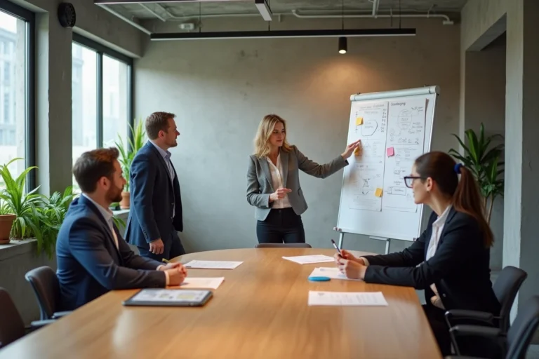 Équipe de professionnels en réunion collaborative autour d'une table de conférence dans un bureau moderne, illustrant la communication interne en entreprise