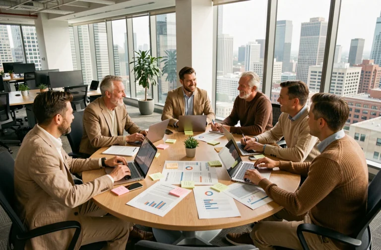 Équipe de professionnels diversifiés en réunion de planification stratégique autour d'une table de conférence moderne, illustrant le développement organisationnel en entreprise