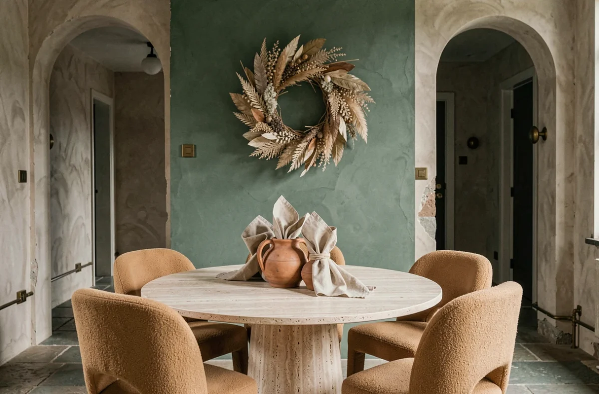 Salle à manger tendance avec table en travertin, chaises boucle sable, mur en enduit vert sauge et couronne botanique séchée, inspirations déco intérieure contemporaine