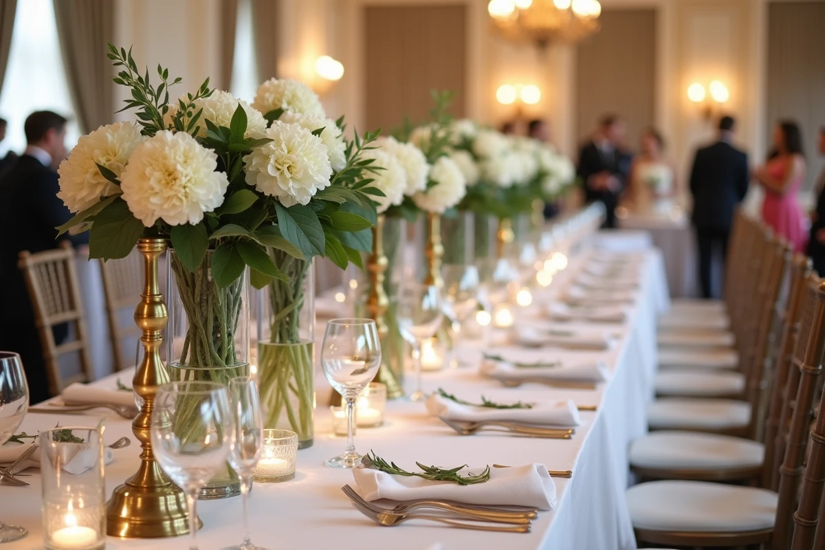Salle de réception de mariage décorée avec tables banquet, centres de table floraux blancs et invités élégants