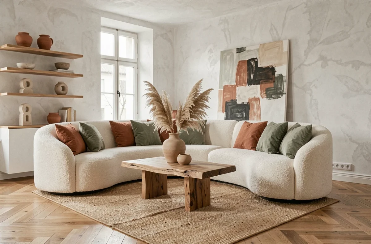 Salon contemporain style scandinave avec canapé boucle crème, coussins terracotta et vert sauge, table en chêne brut et vase en céramique artisanale, tendances déco 2024