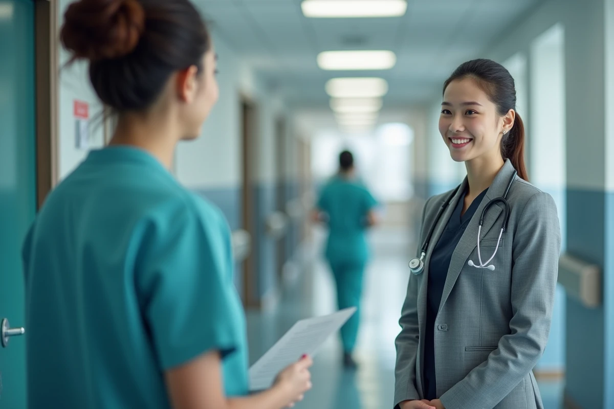 Jeune specialiste discutant de carrière dans un couloir hospitalier