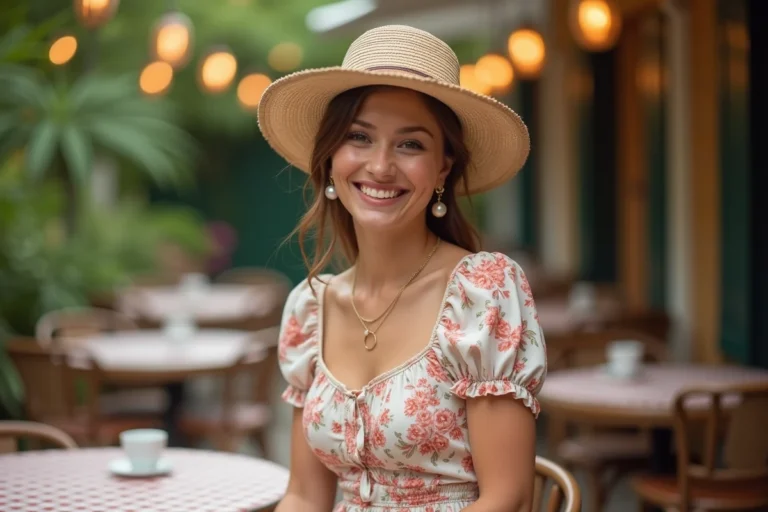 Femme en robe fleurie rétro avec bijoux dorés et chapeau de paille dans un cadre guinguette estival