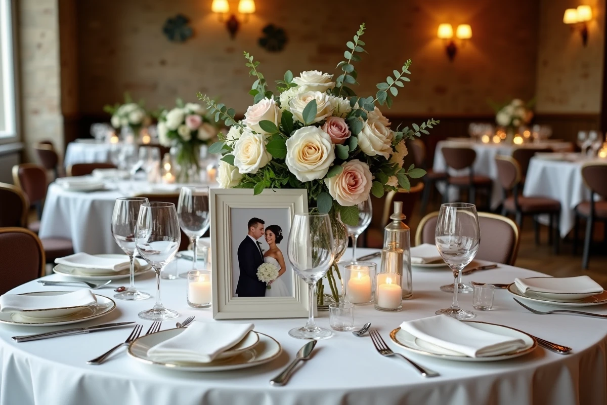 Table de réception de mariage élégamment décorée dans un salon parisien avec photo de couple encadrée