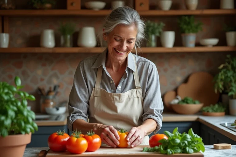 Femme en tablier de lin arrangeant des tomates colorées et du basilic frais sur une planche en bois rustique dans une cuisine artisanale