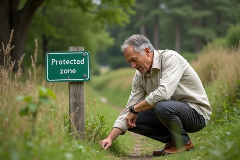 Urbaniste examinant une borne de délimitation d'espace vert protégé dans une prairie naturelle