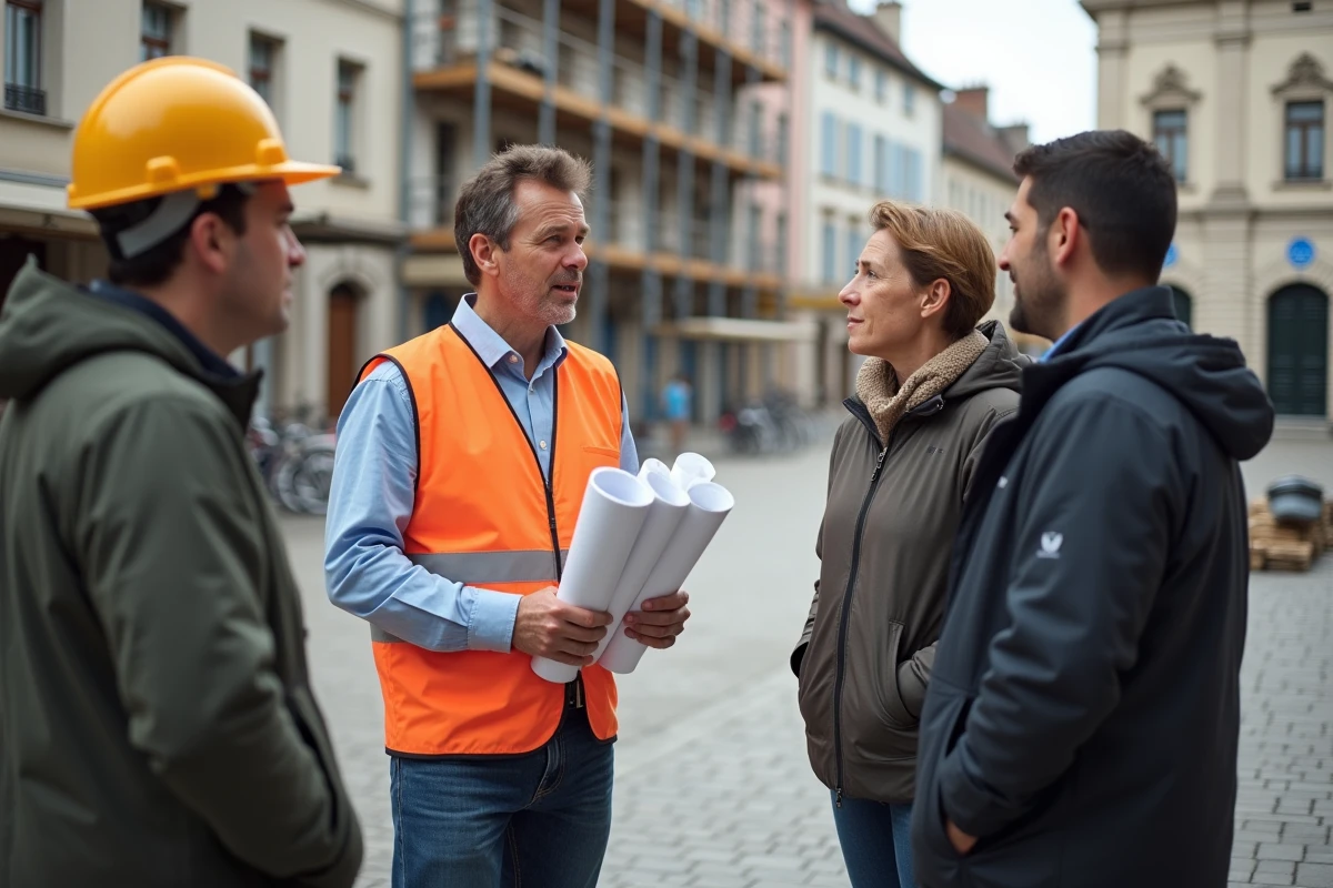 Urbaniste et habitants discutant d'un projet de rénovation de place publique dans une ville française, illustrant la décentralisation des décisions locales