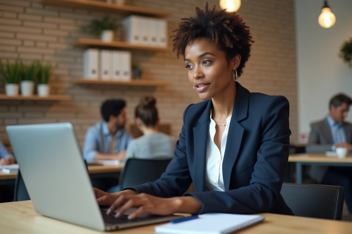 Femme cadre en visioconférence sur ordinateur portable dans un espace de coworking, symbolisant les outils de communication digitale au travail